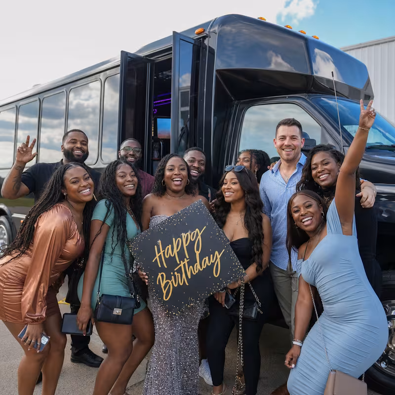 Party bus interior with wraparound leather seating and LED lighting in Little Rock