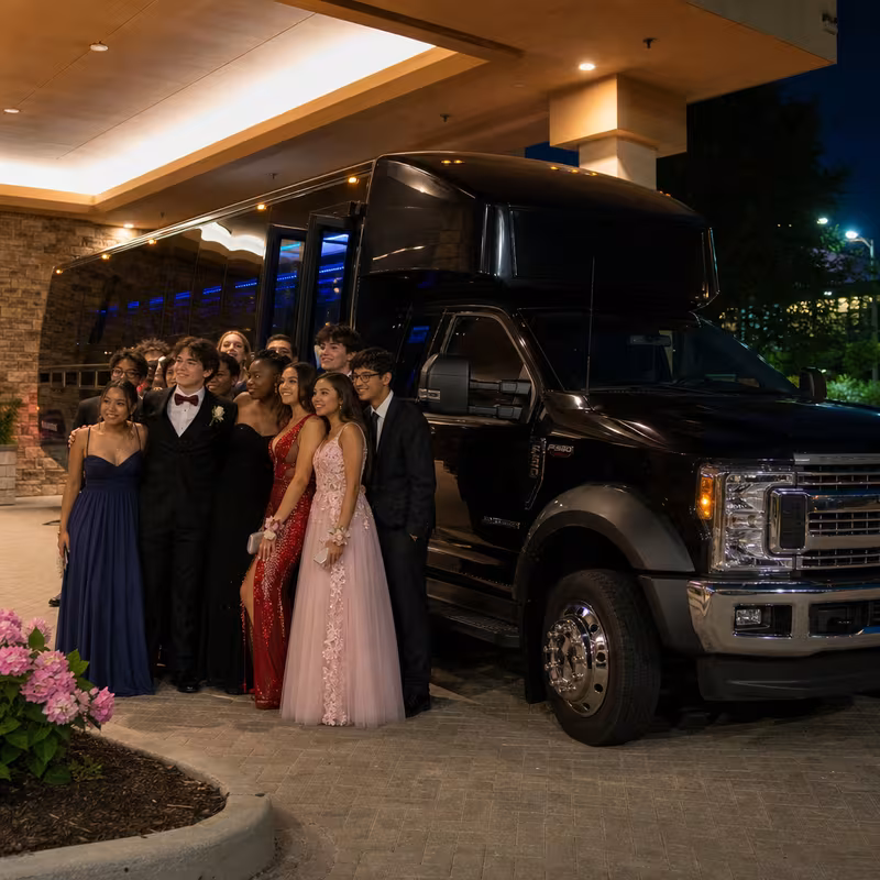 Party bus interior with wraparound leather seating and LED lighting in Little Rock