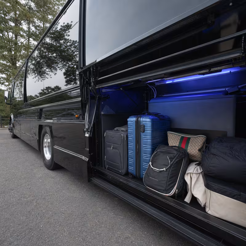 Party bus interior with wraparound leather seating and LED lighting in Little Rock